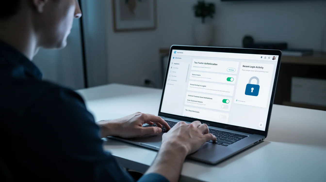 A person is focused on their laptop, reviewing account security settings to ensure the safety of their online gambling activities, possibly on crypto casinos or bitcoin casinos. The screen displays various security options, highlighting the importance of protecting personal information in the world of digital currencies and online gaming.