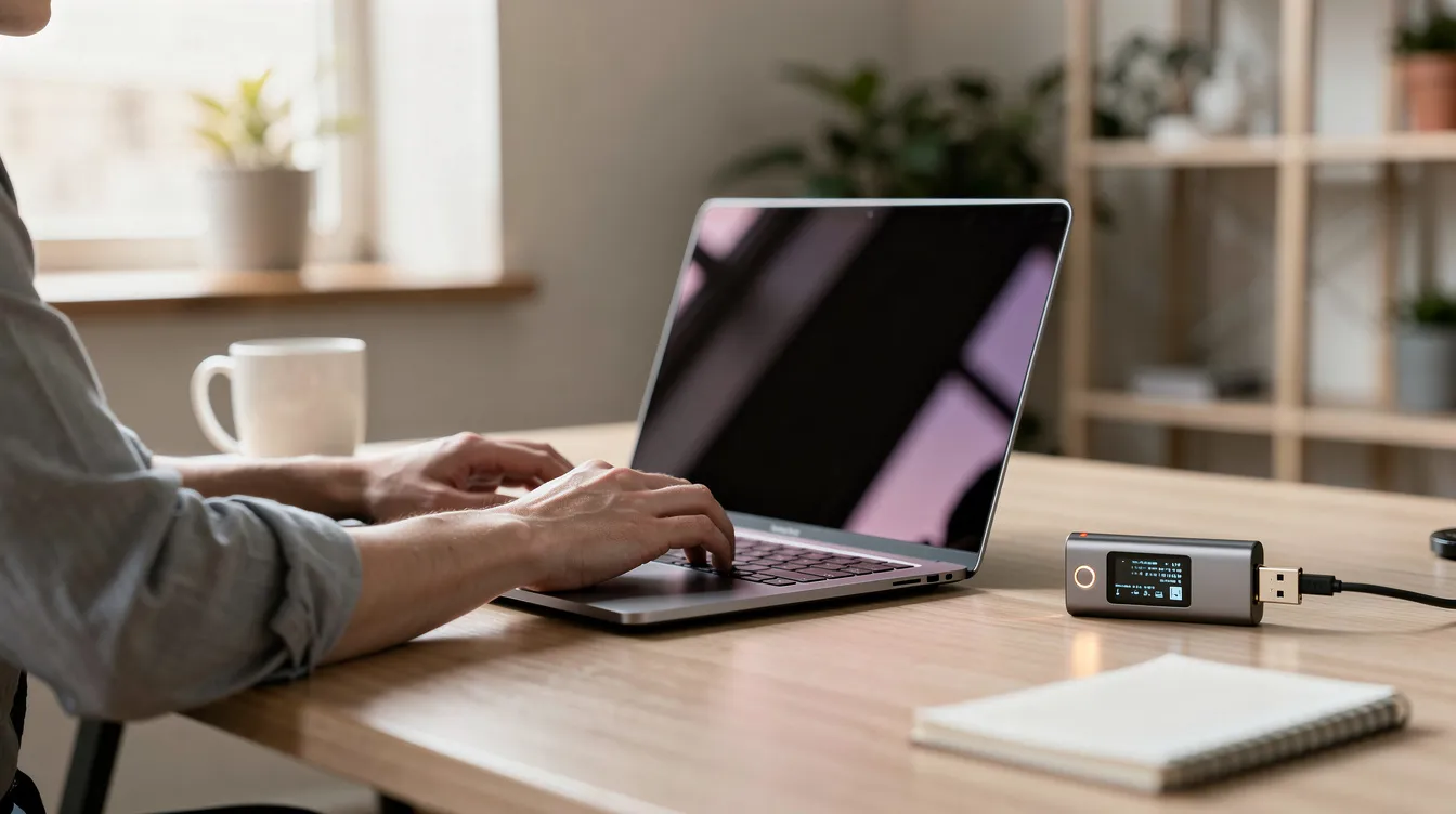 A person is sitting at a desk using a laptop, with a hardware crypto wallet placed beside it. The scene suggests an interest in online crypto casinos and secure bitcoin transactions for online gambling.