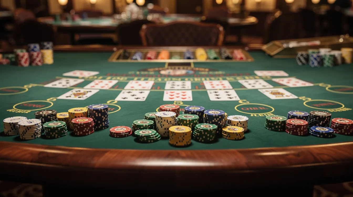 A live casino table is illuminated by soft lighting, featuring an array of colorful cards and stacks of chips, creating an inviting atmosphere for online gambling enthusiasts. This setting is ideal for players seeking an immersive experience in crypto casinos and live dealer games.